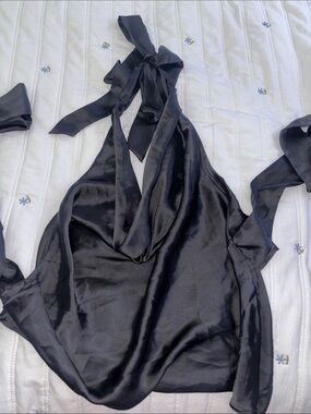 Zara Satin Halter Cowl Neck Top - Black